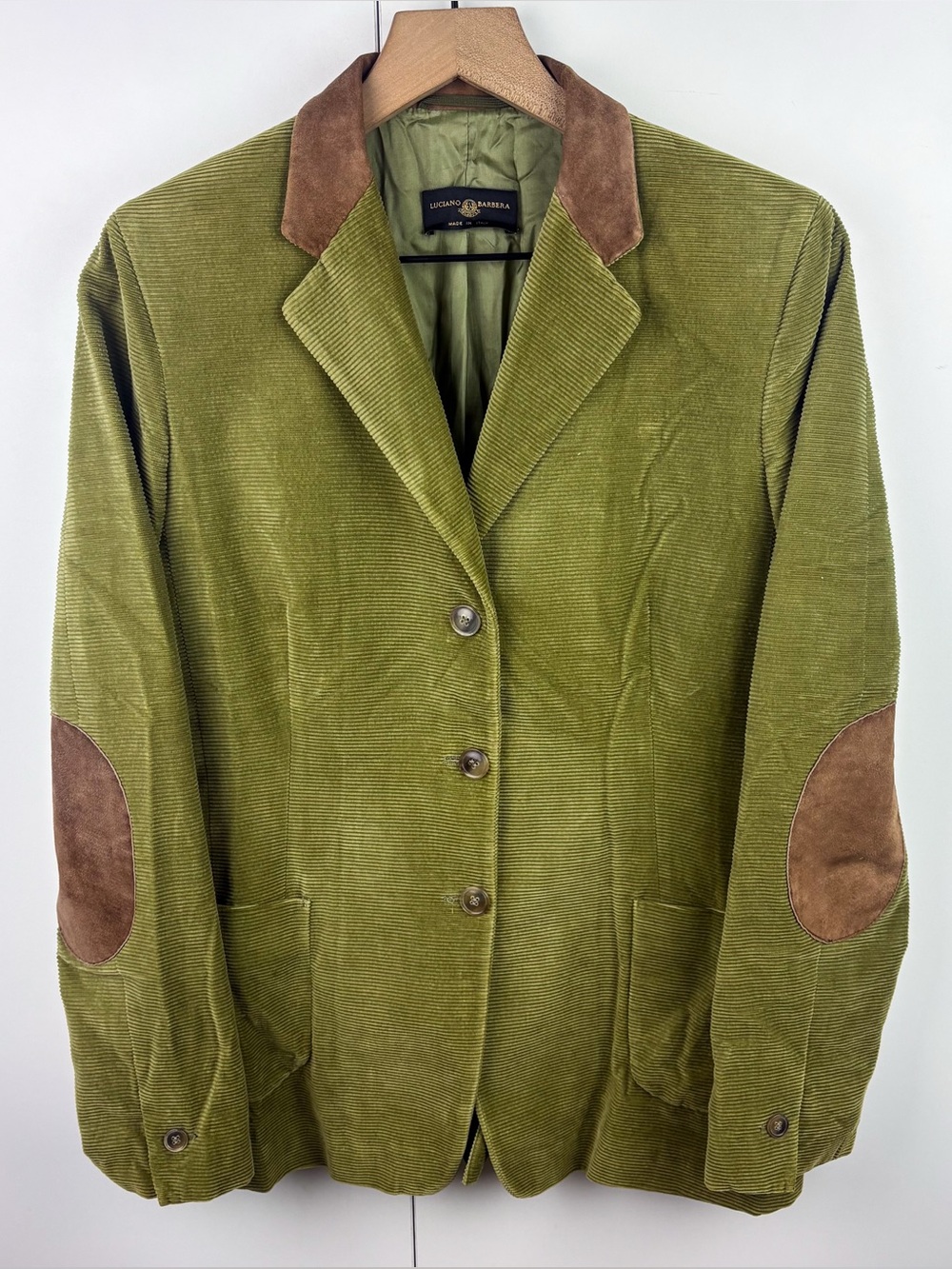 Luciano Barbera Corduroy Suede Elbow Patch Collar Blazer Jacket Olive Green 44